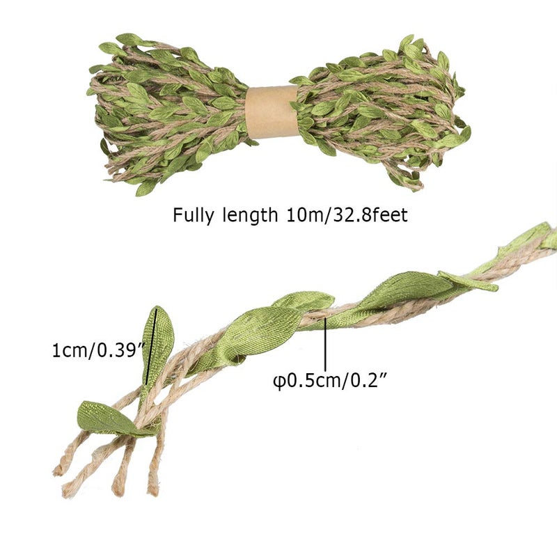 YuCool 98 Feet 5MM Burlap Leaf Ribbon, Natural Wall Hanging Jute Vine Twine with Artificial Green Leaves for Rustic Wedding,Home,Garden,Jungle Party Decorations and DIY Crafts Decor(3 Rolls) - Image 2